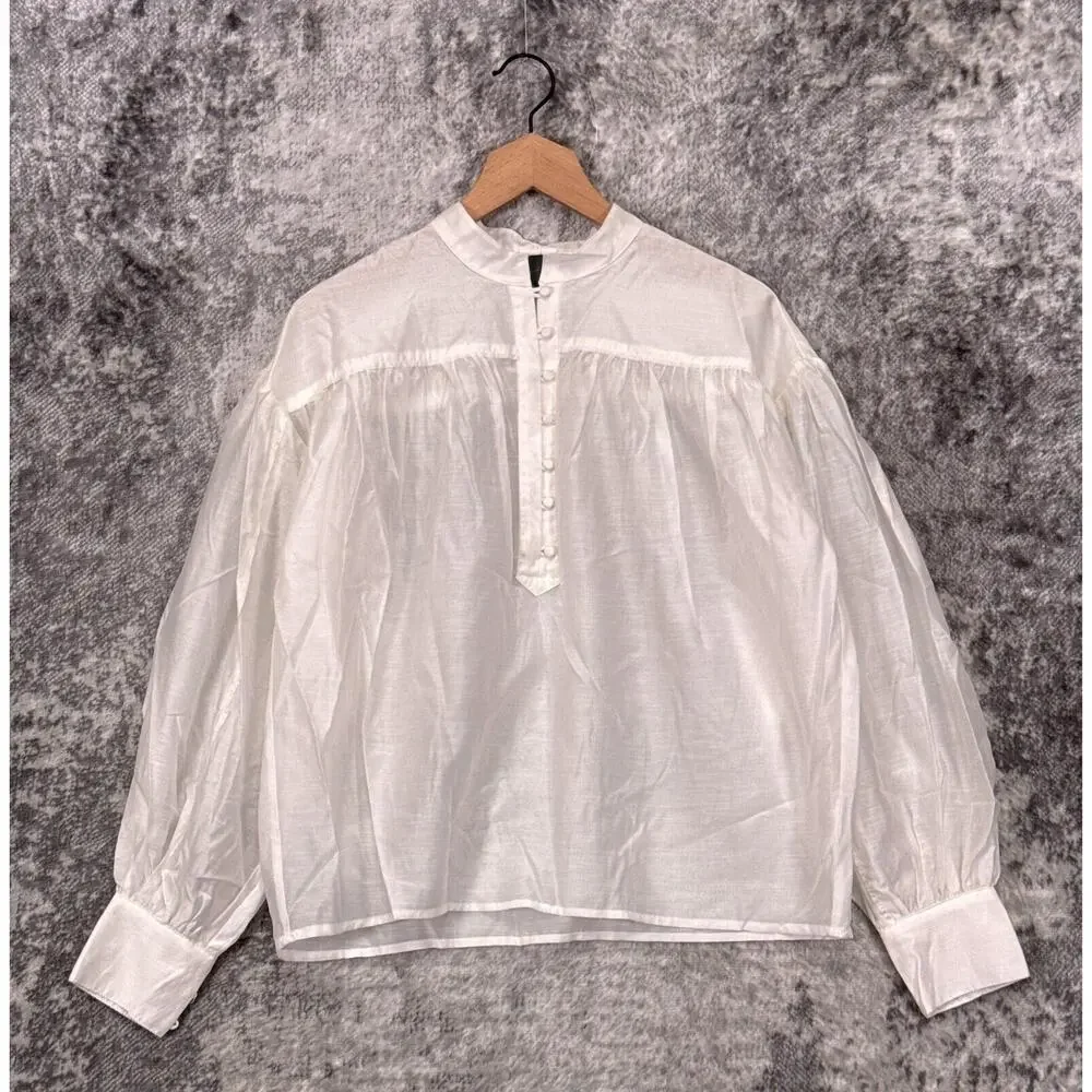 Anthropologie White Sheer Button-Up Peasant Blouse